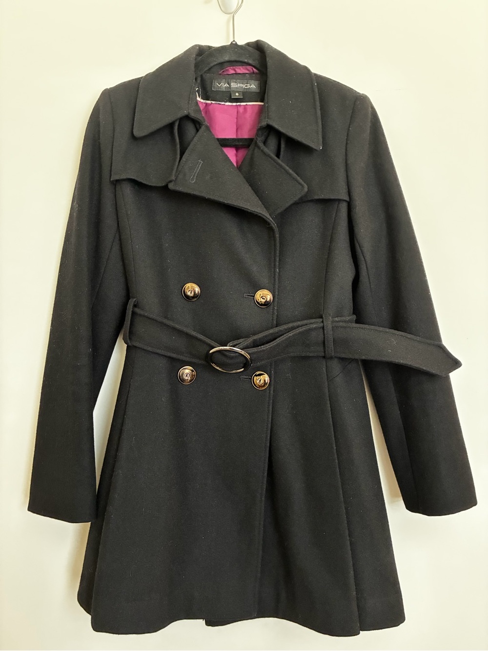 Via Spiga Black Double-Breasted Wool Belted Pea Coat size 6